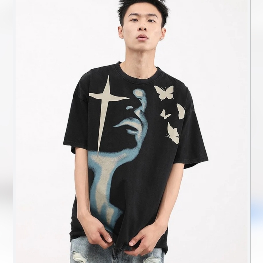 NWT Supermade Oversized Unisex Y2K Acid Wash Heavy Tshirt Tee Butterfly E31